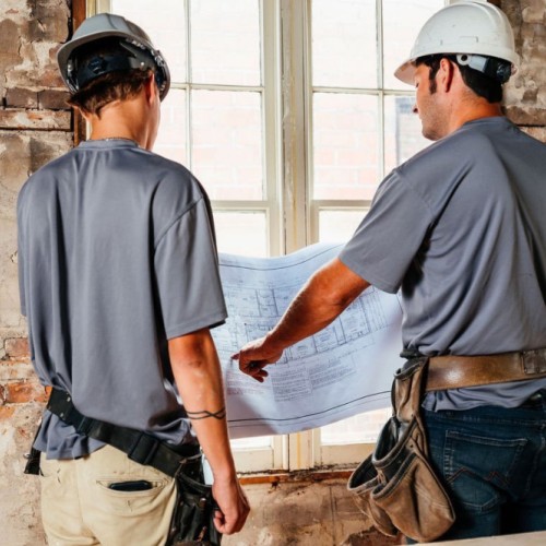 Two men discussing the blueprint image
