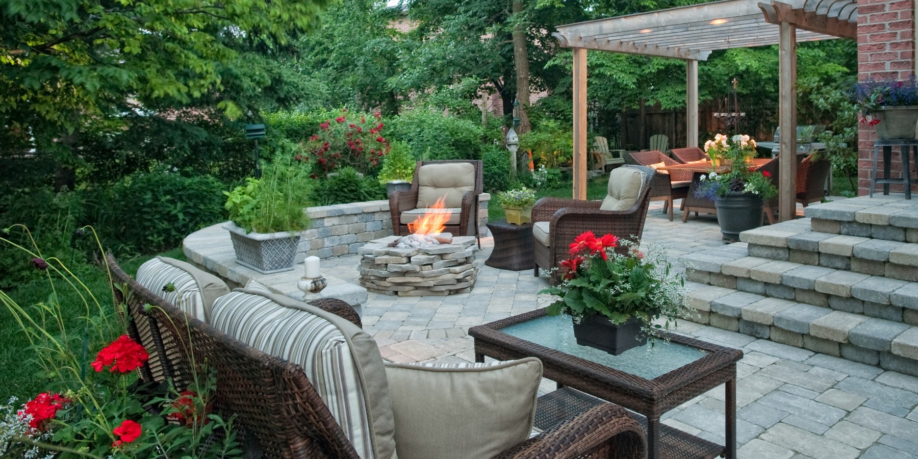 Backyard patio with fireplace