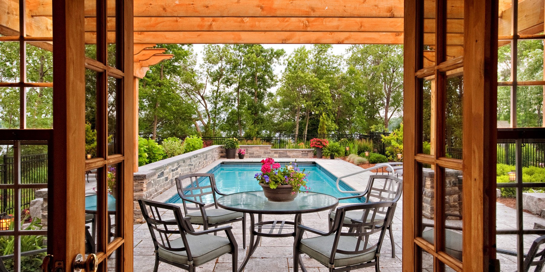 Backyard pergola with swimming pool